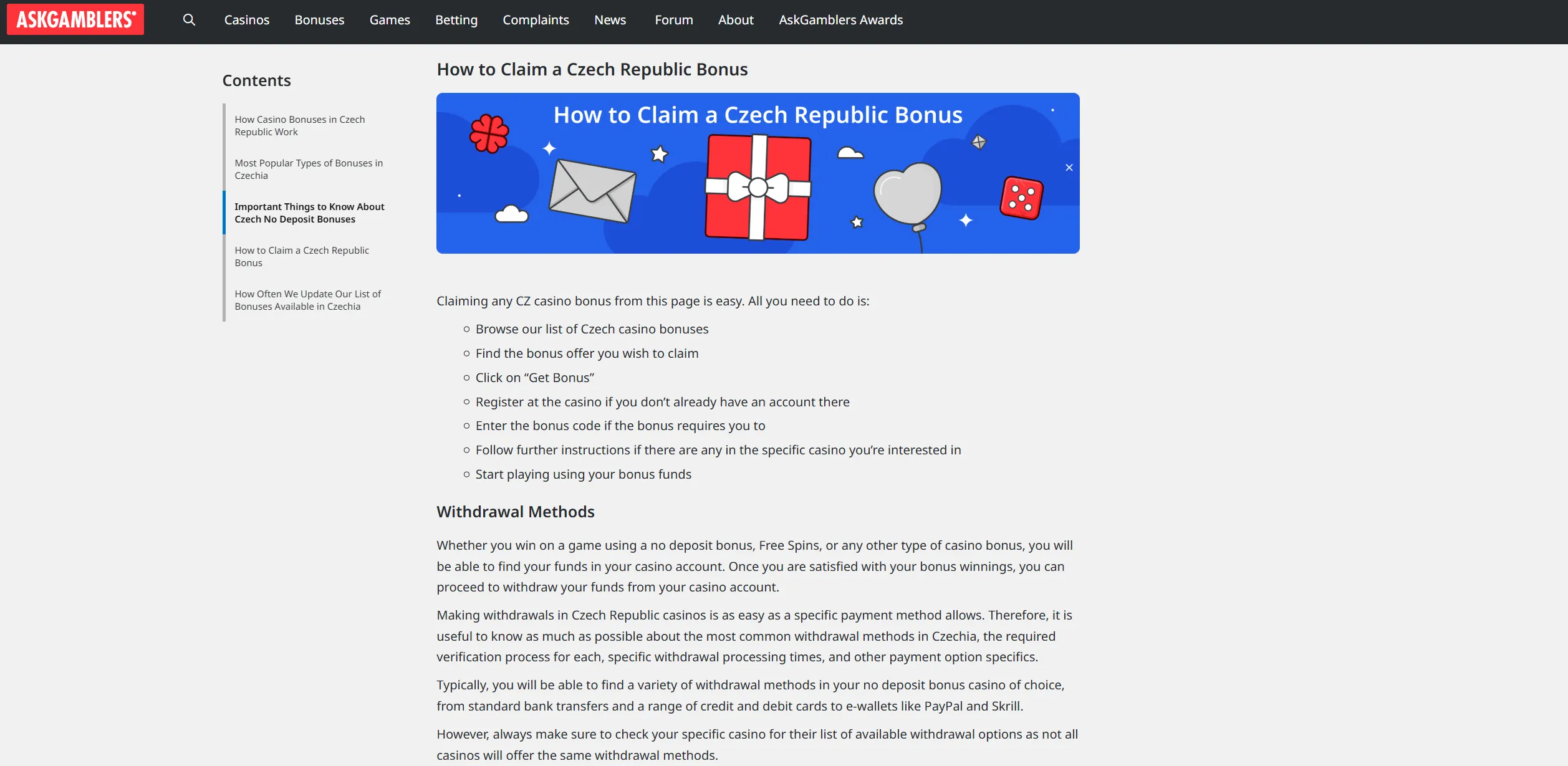 Screenshot of Askgamblers.com - Czech Republic Casino Bonus - No Deposit & Free Spins Offers